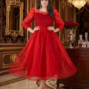 Women's Royal Red Organza Net Flared A-Line Midi Dress with Sheer Puff Sleeves