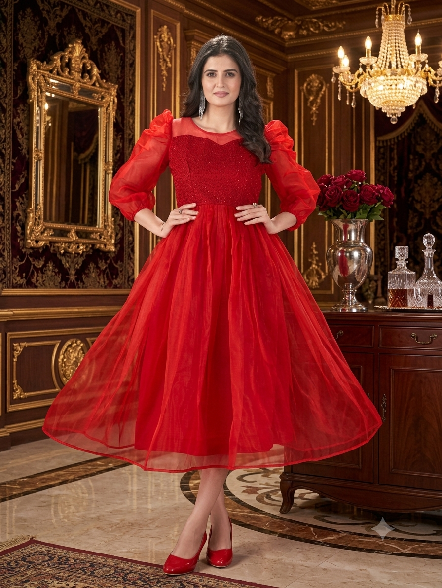 Women's Royal Red Organza Net Flared A-Line Midi Dress with Sheer Puff Sleeves